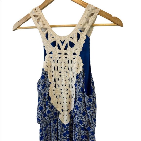 Blue Patterned Crochet Back Gathered Waist Long Dress M - Picture 3 of 10